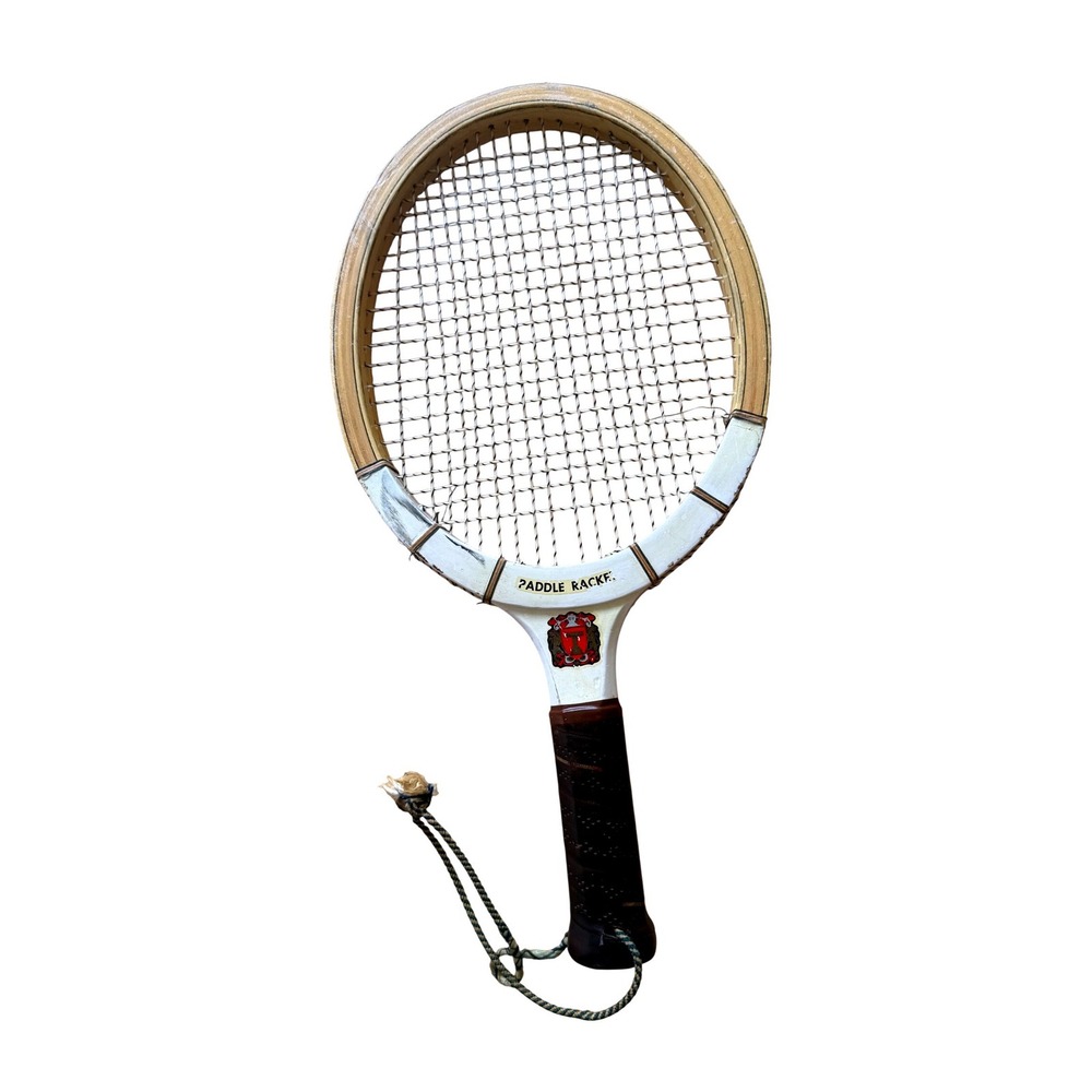 Vintage 40s Wooden Paddle Racket Tennis Racquet Leather Grip Primitive Decor